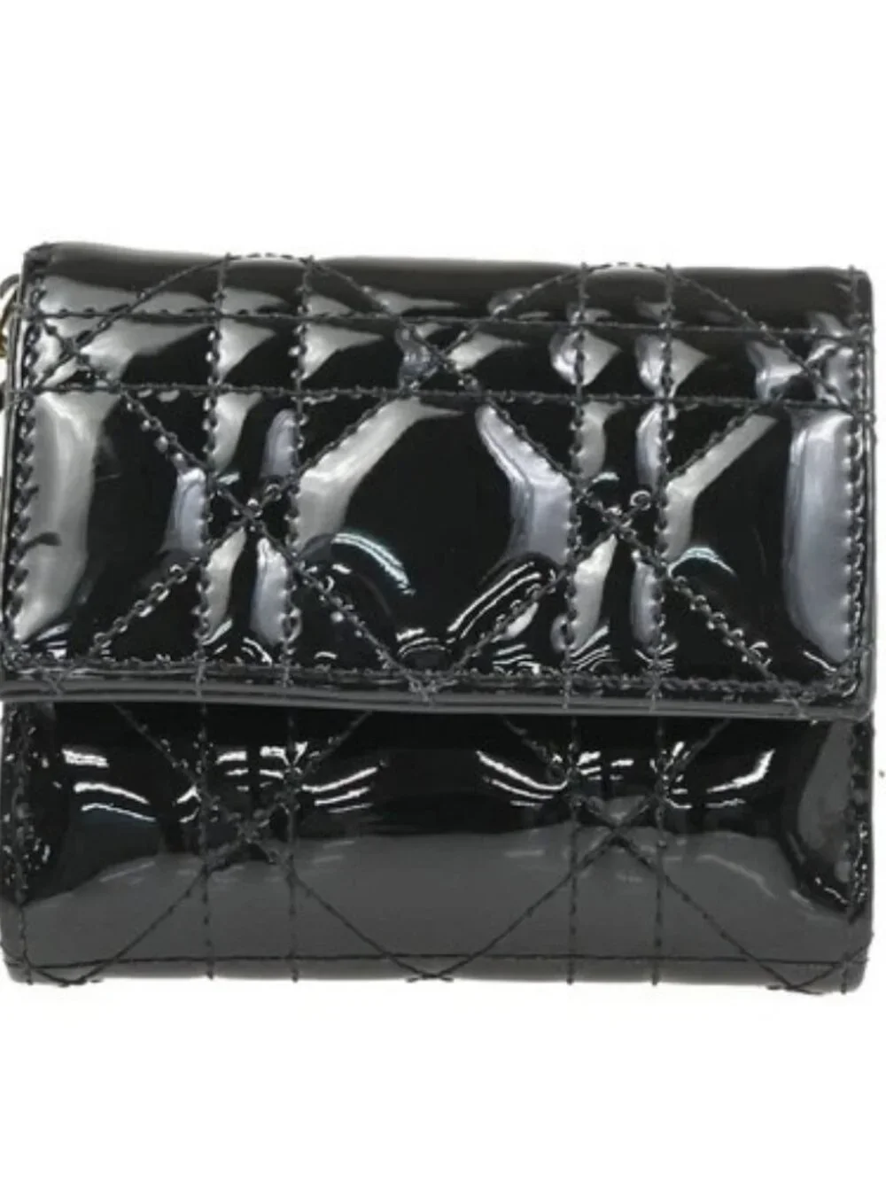 CHRISTIAN DIOR Logo Cannage Trifold Compact Wallet Patent Leather Black 34KC613